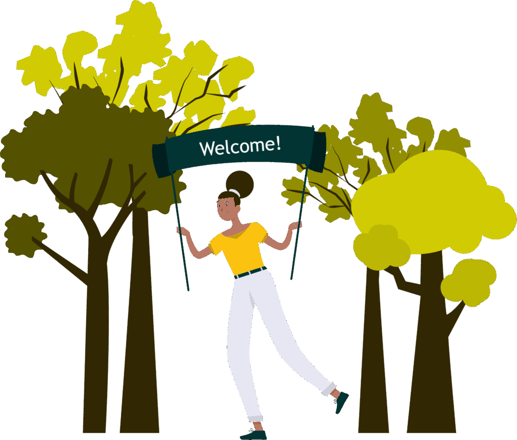illustration of a woman holding a Welcome banner with trees in the background